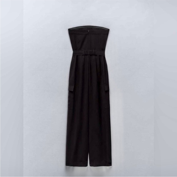 Zara belted black cargo pocket side strapless jumpsuit - Picture 3 of 8